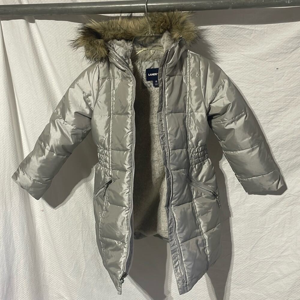Lands end M 5/6 silver 3/4 length parka puffer hood pockets warm lined coat euc
